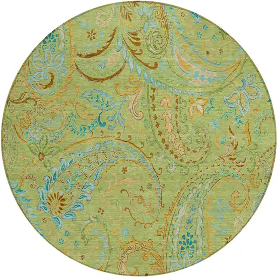 Artichoke Green Round Paisley Washable Indoor Outdoor Area Rug Photo 2