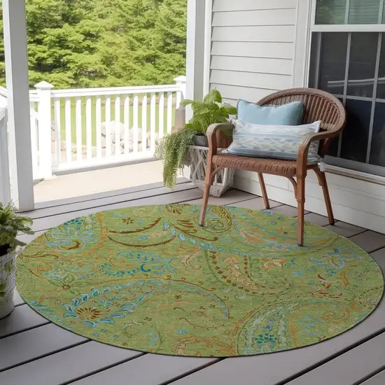 Artichoke Green Round Paisley Washable Indoor Outdoor Area Rug Photo 7