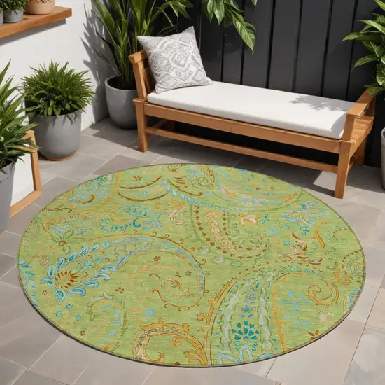 Artichoke Green Round Paisley Washable Indoor Outdoor Area Rug Photo 1