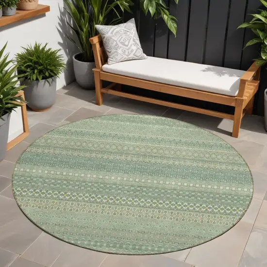 Artichoke Green Round Striped Washable Non Skid Indoor Outdoor Area Rug Photo 1