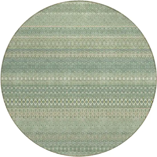 8' Round Artichoke Green Round Striped Washable Non Skid Indoor Outdoor Area Rug Photo 2