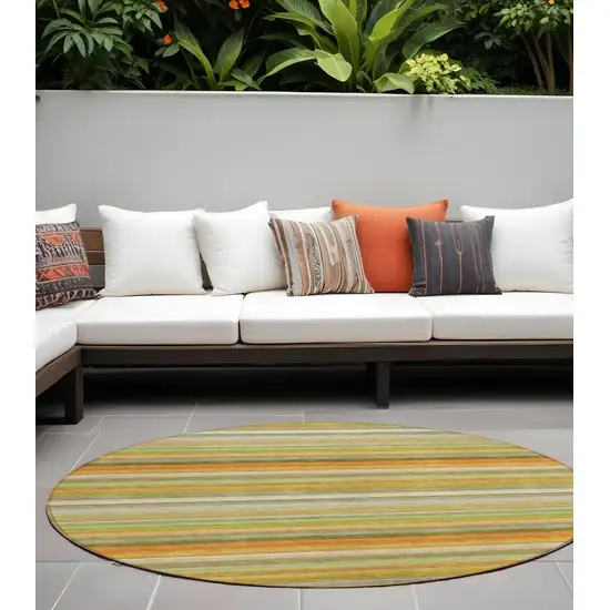 8' Round Artichoke Green Round Striped Washable Non Skid Indoor Outdoor Area Rug Photo 1