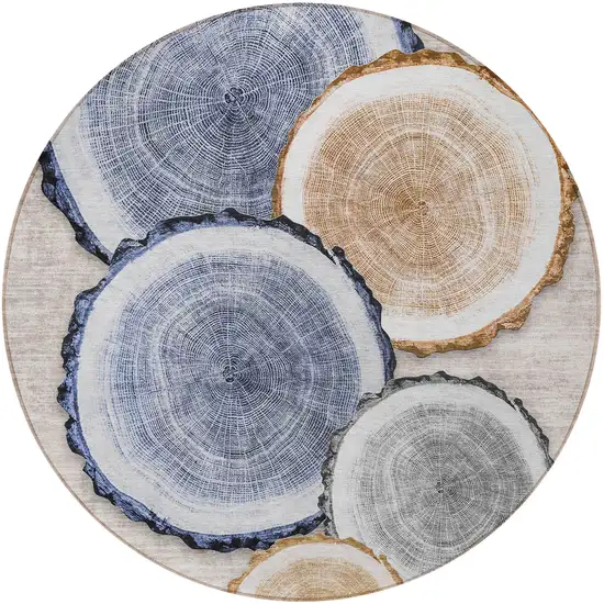 8' Round Beige Blue and Gold Round Faux Bois Washable Non Skid Indoor Outdoor Area Rug Photo 5