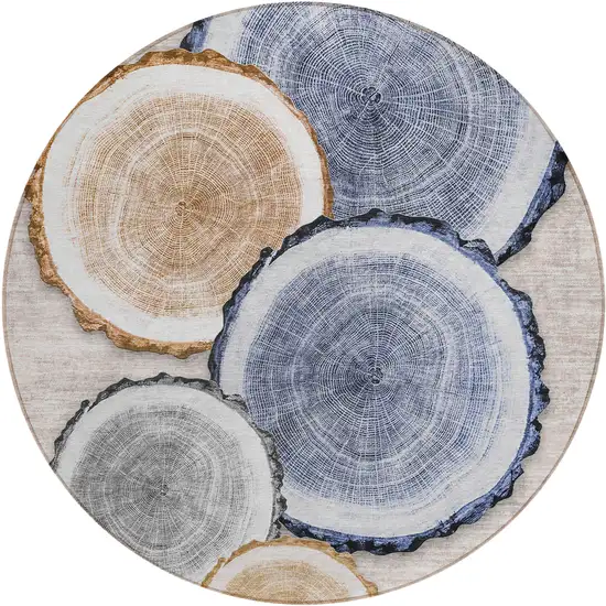 8' Round Beige Blue and Gold Round Faux Bois Washable Non Skid Indoor Outdoor Area Rug Photo 2