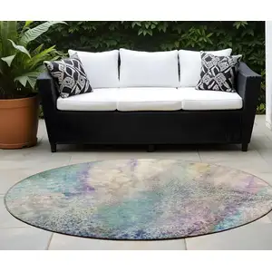 Photo of 8' Round Beige Blue and Gray Round Abstract Washable Non Skid Indoor Outdoor Area Rug