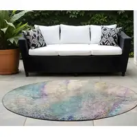 Photo of 8' Round Beige Blue and Gray Round Abstract Washable Non Skid Indoor Outdoor Area Rug