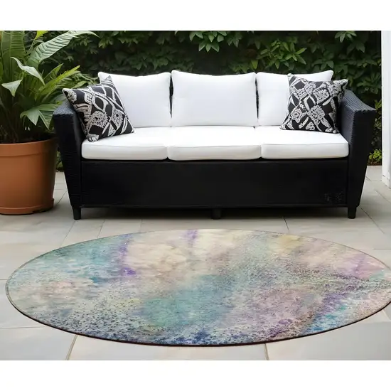 Beige Blue and Gray Round Abstract Washable Non Skid Indoor Outdoor Area Rug Photo 1