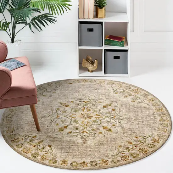 4' Round Beige Distressed Medallion Area Rug Photo 7