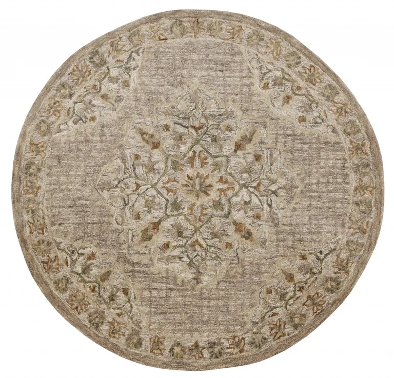 4' Round Beige Distressed Medallion Area Rug Photo 1