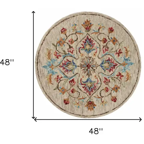 4' Round Beige Floral Medallion Area Rug Photo 7