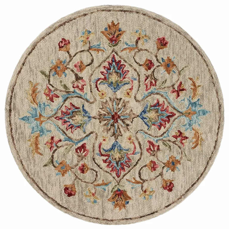 4' Round Beige Floral Medallion Area Rug Photo 1