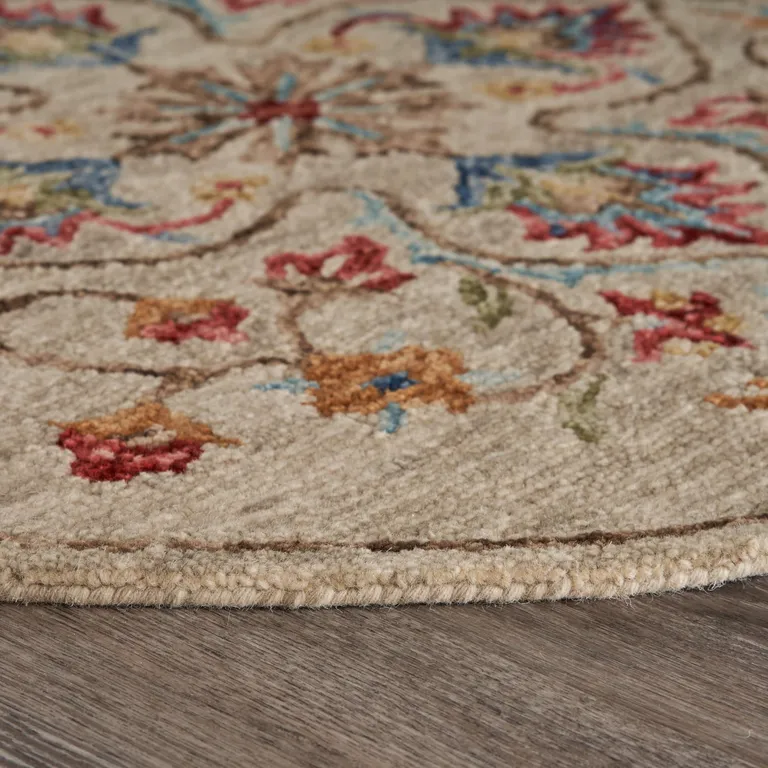 4' Round Beige Floral Medallion Area Rug Photo 5