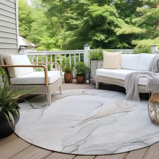 8' Round Beige Ivory and Gray Round Abstract Washable Non Skid Indoor Outdoor Area Rug Photo 8