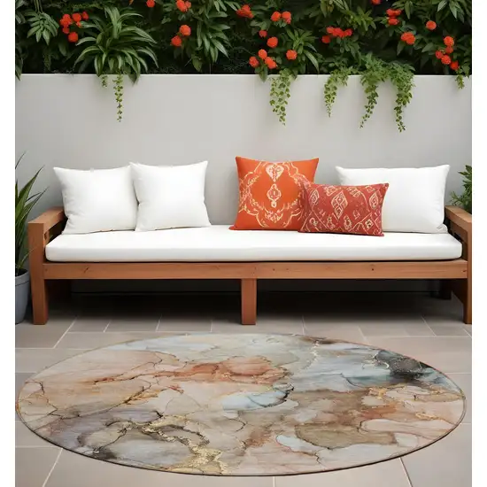 8' Round Beige Round Abstract Washable Non Skid Indoor Outdoor Area Rug Photo 1