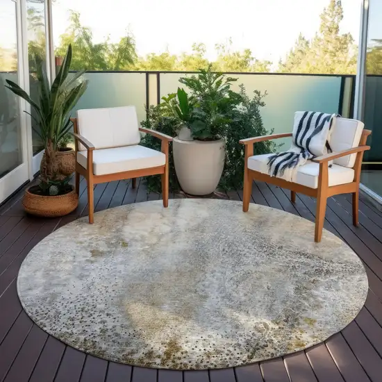 Beige Round Abstract Washable Non Skid Indoor Outdoor Area Rug Photo 8