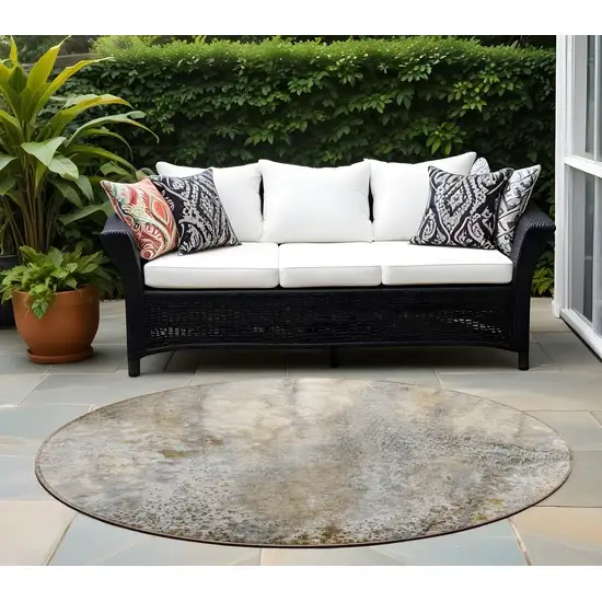 Beige Round Abstract Washable Non Skid Indoor Outdoor Area Rug Photo 1