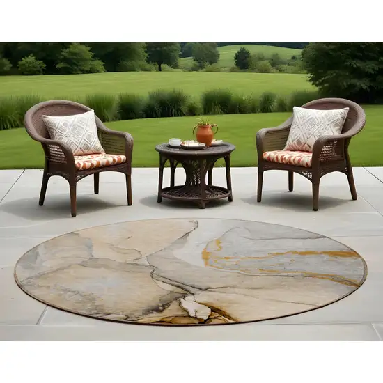 Beige Round Abstract Washable Non Skid Indoor Outdoor Area Rug Photo 1