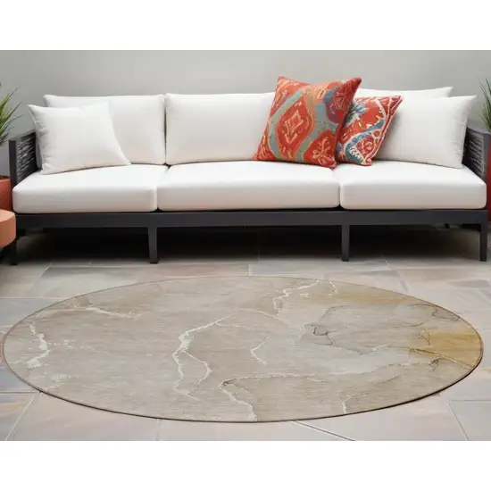 8' Round Beige Round Abstract Washable Non Skid Indoor Outdoor Area Rug Photo 1