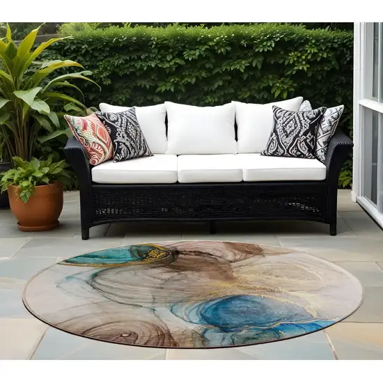 Beige Round Abstract Washable Non Skid Indoor Outdoor Area Rug Photo 1