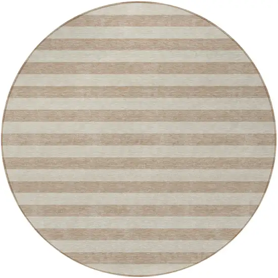 8' Round Beige Round Striped Washable Non Skid Indoor Outdoor Area Rug Photo 5