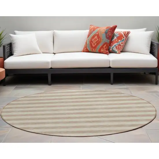 Beige Round Striped Washable Non Skid Indoor Outdoor Area Rug Photo 1