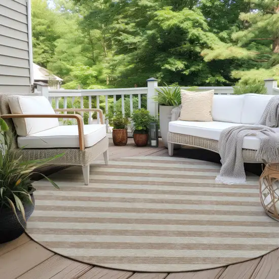 Beige Round Striped Washable Non Skid Indoor Outdoor Area Rug Photo 8