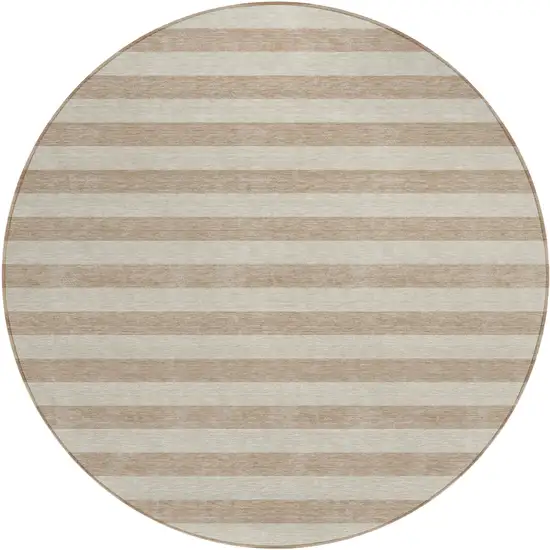 8' Round Beige Round Striped Washable Non Skid Indoor Outdoor Area Rug Photo 2