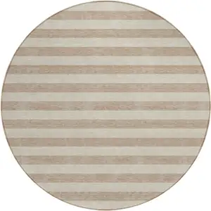 Photo of 8' Round Beige Round Striped Washable Non Skid Indoor Outdoor Area Rug