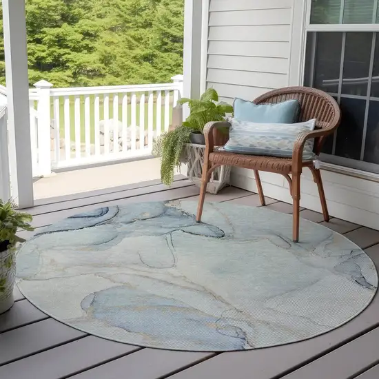 8' Round Beige and Blue Round Abstract Washable Non Skid Indoor Outdoor Area Rug Photo 9