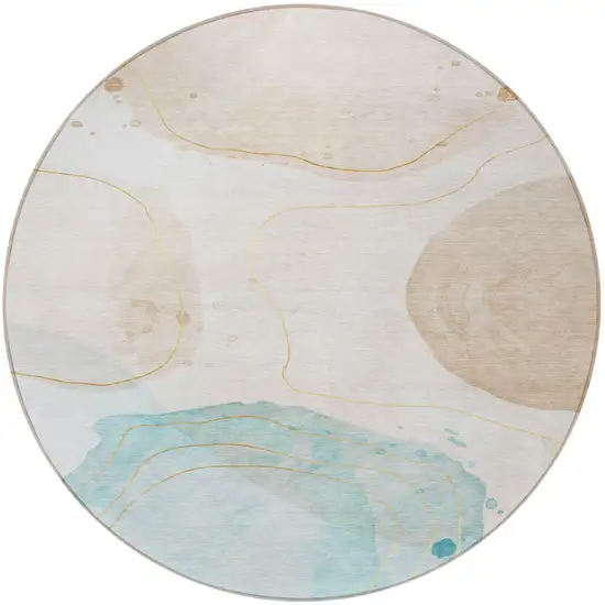 Beige and Blue Round Abstract Washable Non Skid Indoor Outdoor Area Rug Photo 4