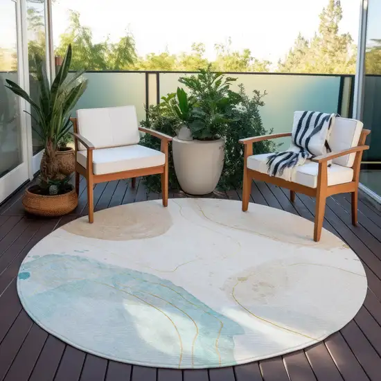 Beige and Blue Round Abstract Washable Non Skid Indoor Outdoor Area Rug Photo 8