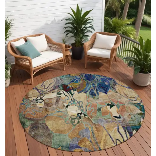 Beige and Blue Round Abstract Washable Indoor Outdoor Area Rug Photo 1