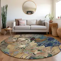 Photo of 8' Round Beige and Blue Round Floral Washable Non Skid Indoor Outdoor Area Rug