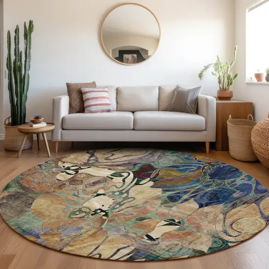 8' Round Beige and Blue Round Floral Washable Non Skid Indoor Outdoor Area Rug Photo 8