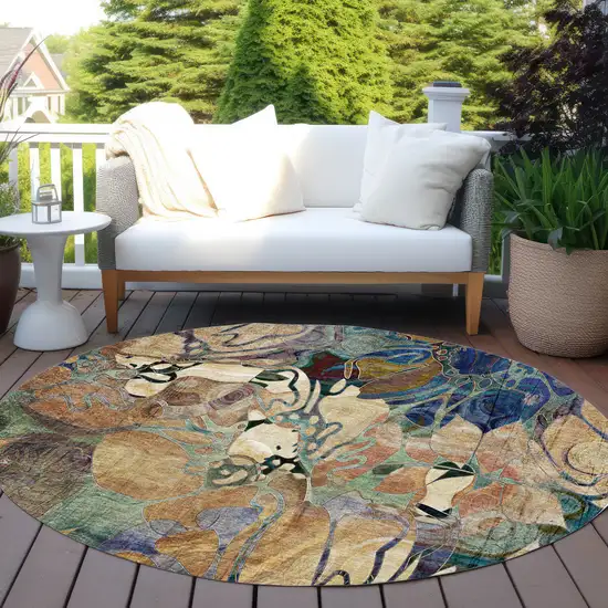 8' Round Beige and Blue Round Abstract Washable Indoor Outdoor Area Rug Photo 7