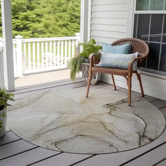 8' Round Beige and Gray Round Abstract Washable Non Skid Indoor Outdoor Area Rug Photo 8