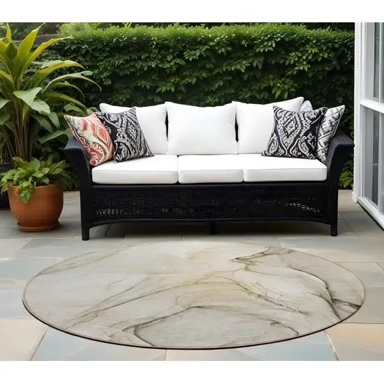 8' Round Beige and Gray Round Abstract Washable Non Skid Indoor Outdoor Area Rug Photo 1