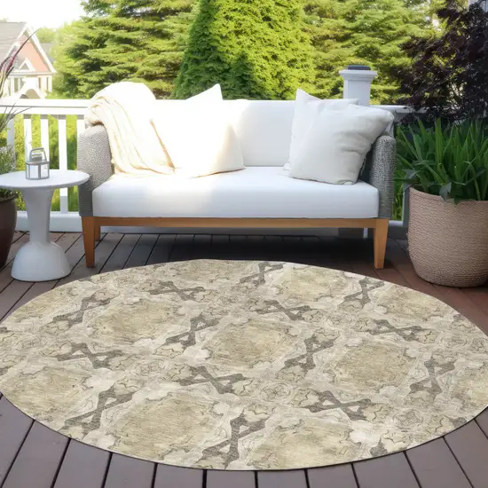 Beige and Gray Round Floral Medallion Washable Non Skid Indoor Outdoor Area Rug Photo 8