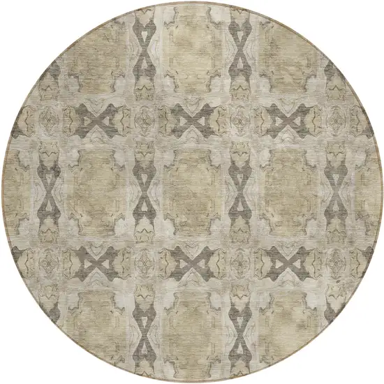 Beige and Gray Round Floral Medallion Washable Non Skid Indoor Outdoor Area Rug Photo 2