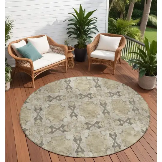 8' Round Beige and Gray Round Floral Medallion Washable Non Skid Indoor Outdoor Area Rug Photo 1