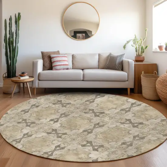 8' Round Beige and Gray Round Floral Medallion Washable Non Skid Indoor Outdoor Area Rug Photo 9