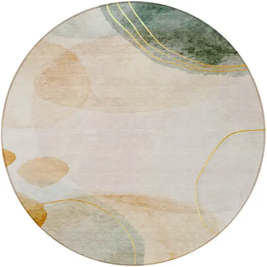 Beige and Green Round Abstract Washable Non Skid Indoor Outdoor Area Rug Photo 4