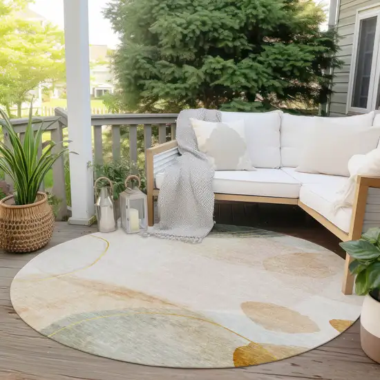 Beige and Green Round Abstract Washable Non Skid Indoor Outdoor Area Rug Photo 8