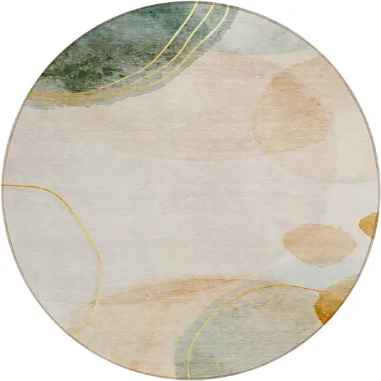 8' Round Beige and Green Round Abstract Washable Non Skid Indoor Outdoor Area Rug Photo 2