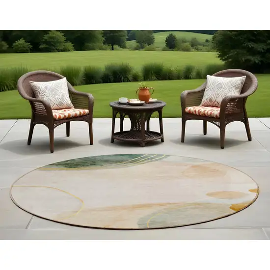 8' Round Beige and Green Round Abstract Washable Non Skid Indoor Outdoor Area Rug Photo 1