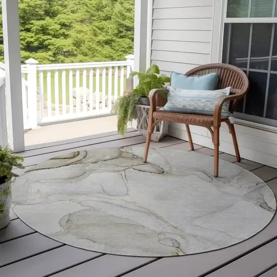 8' Round Beige and Ivory Round Abstract Washable Non Skid Indoor Outdoor Area Rug Photo 5