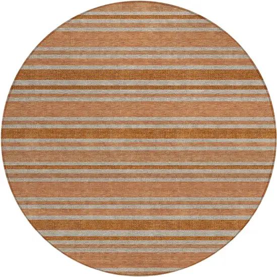 8' Round Beige and Orange Round Striped Washable Non Skid Indoor Outdoor Area Rug Photo 2