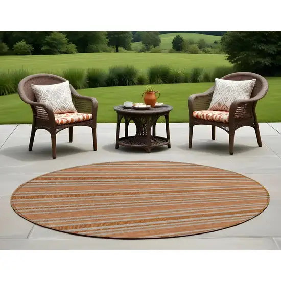 Beige and Orange Round Striped Washable Non Skid Indoor Outdoor Area Rug Photo 1