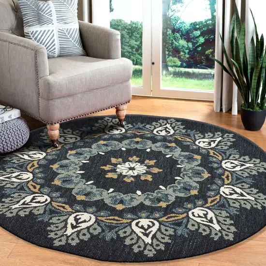 4' Round Black Floral Paradise Area Rug Photo 9