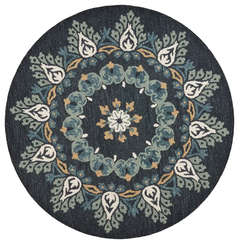 4' Round Black Floral Paradise Area Rug Photo 1